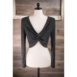 Forever 21 Black Colorful Sparkle Metallic Twist Front Crop Top Long Sleeve Sz L